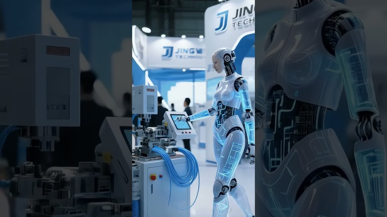 Pekerja Wanita Masa Depan Mengoperasikan Peralatan Pemrosesan Wiring Harness #mesin #robot